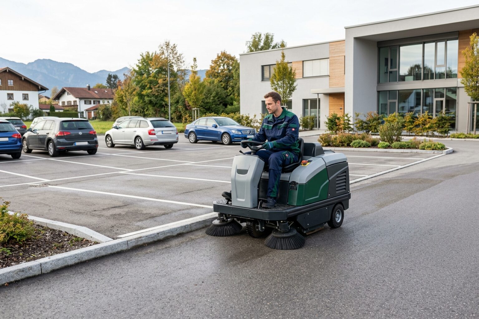 Gepflegter Parkplatz und Zufahrt eines Gewerbeobjekts bei der Außenanlagenpflege in Rosenheim