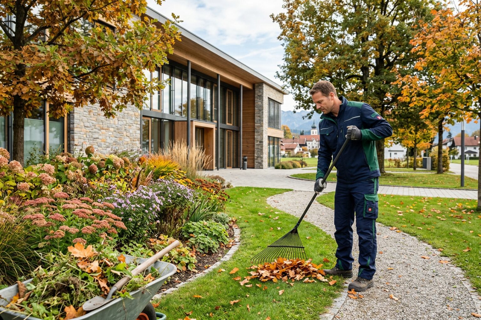 Gartenpflege und Laubentfernung in einer gepflegten gewerblichen Außenanlage in Rosenheim