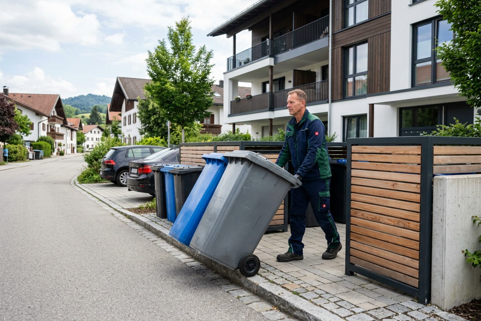 Mülltonnenservice: Hausmeister stellt Abfallbehälter an einer Wohnanlage in Rosenheim bereit