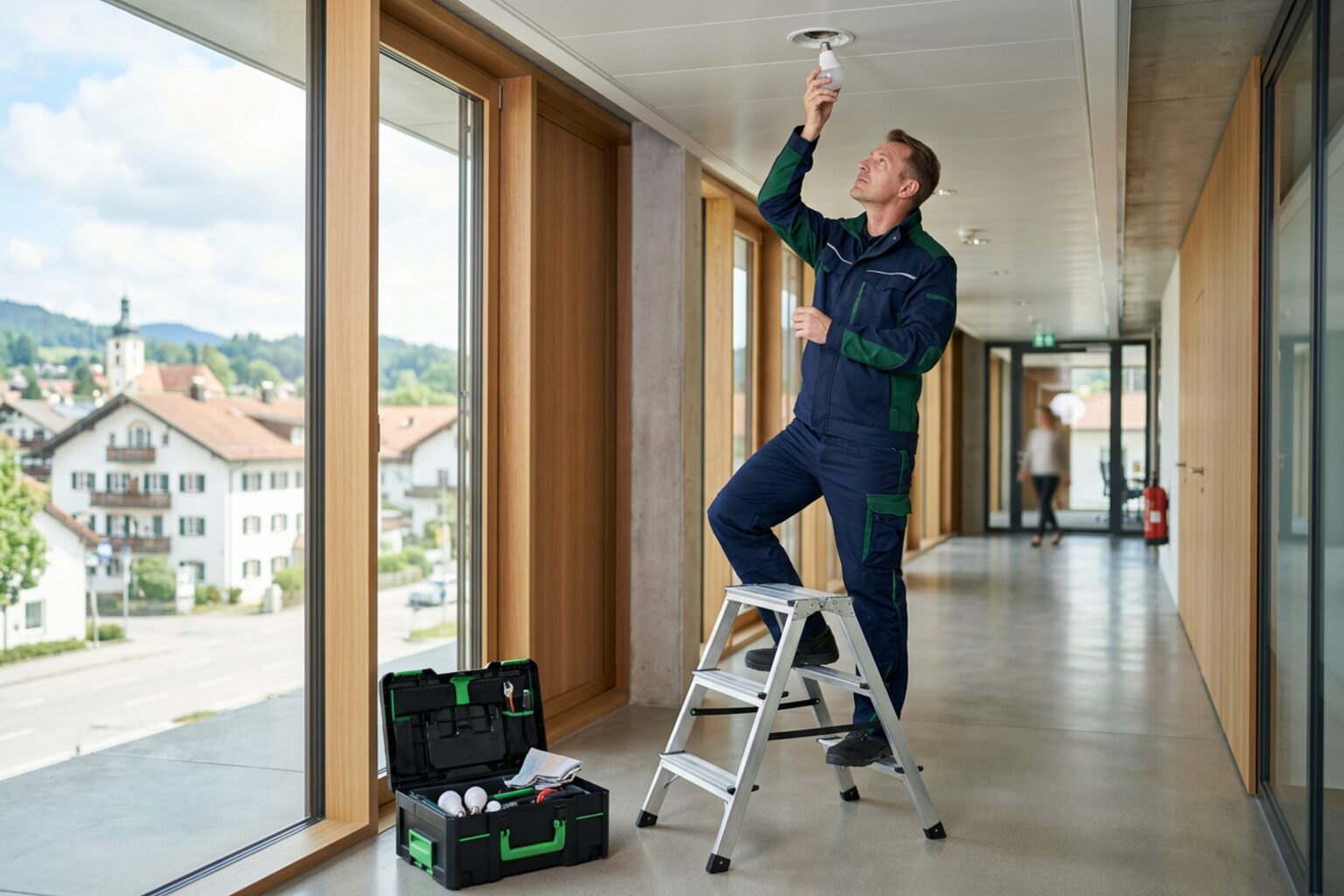 Hausmeister beim Leuchtmittelwechsel im Flur eines Bürogebäudes in Rosenheim