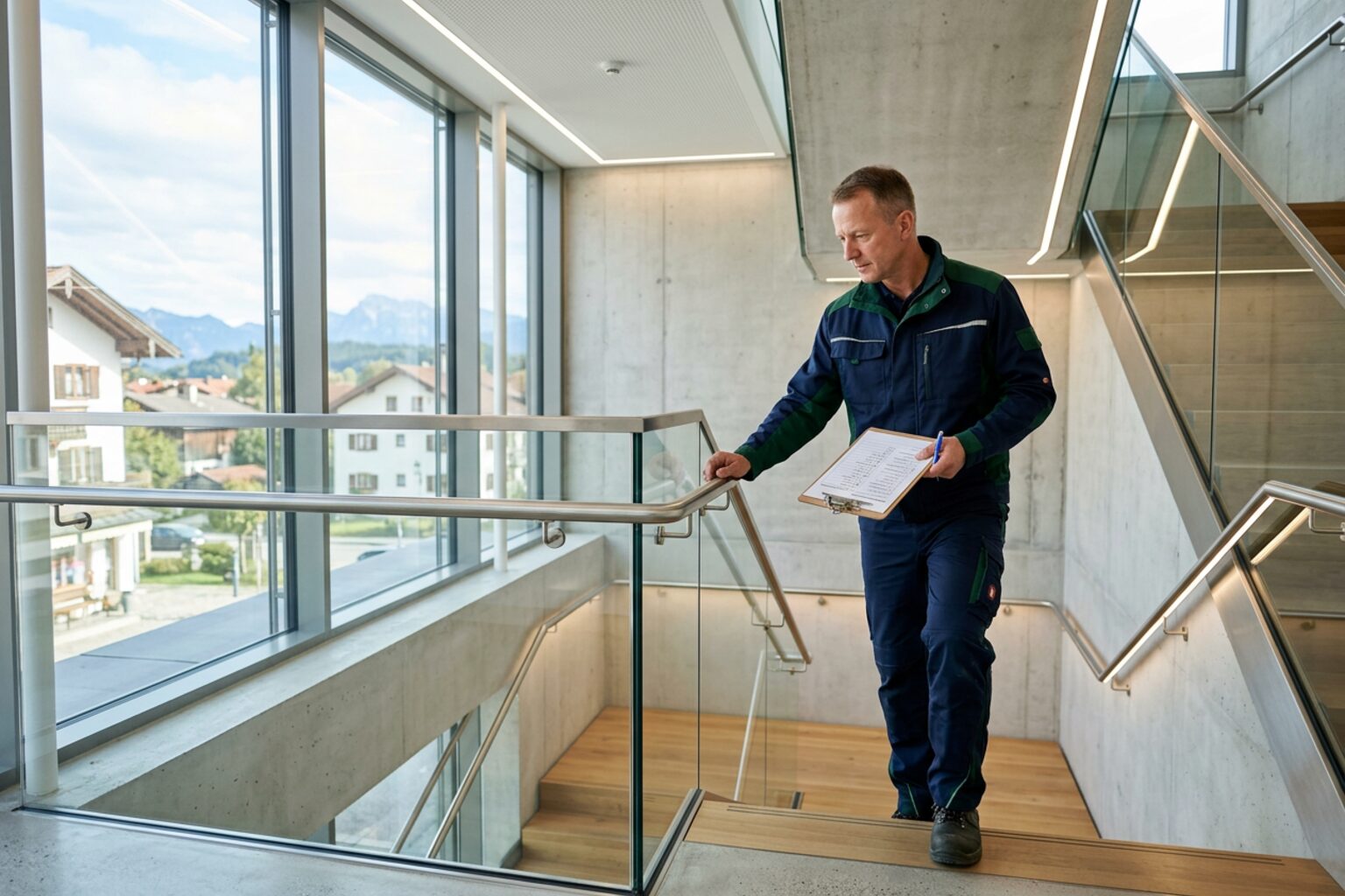 Hausmeister bei einer Treppenhauskontrolle in einem modernen Gewerbegebäude in Rosenheim