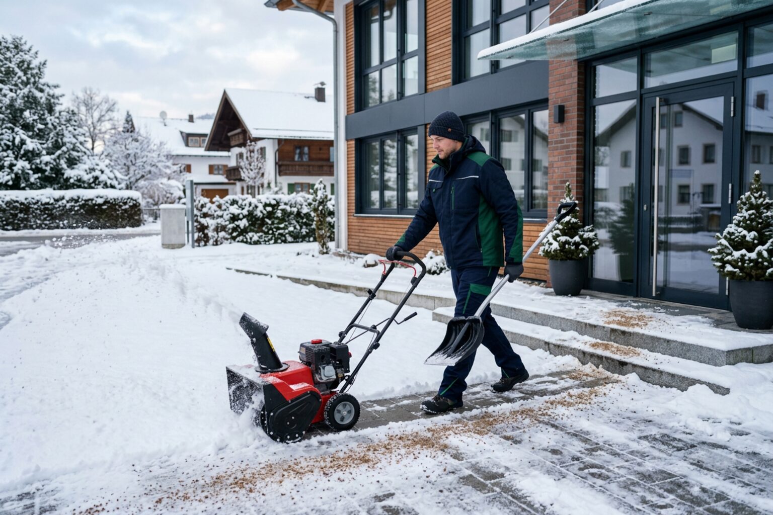 Professioneller Winterdienst räumt Schnee am Eingang eines Gewerbeobjekts in Rosenheim