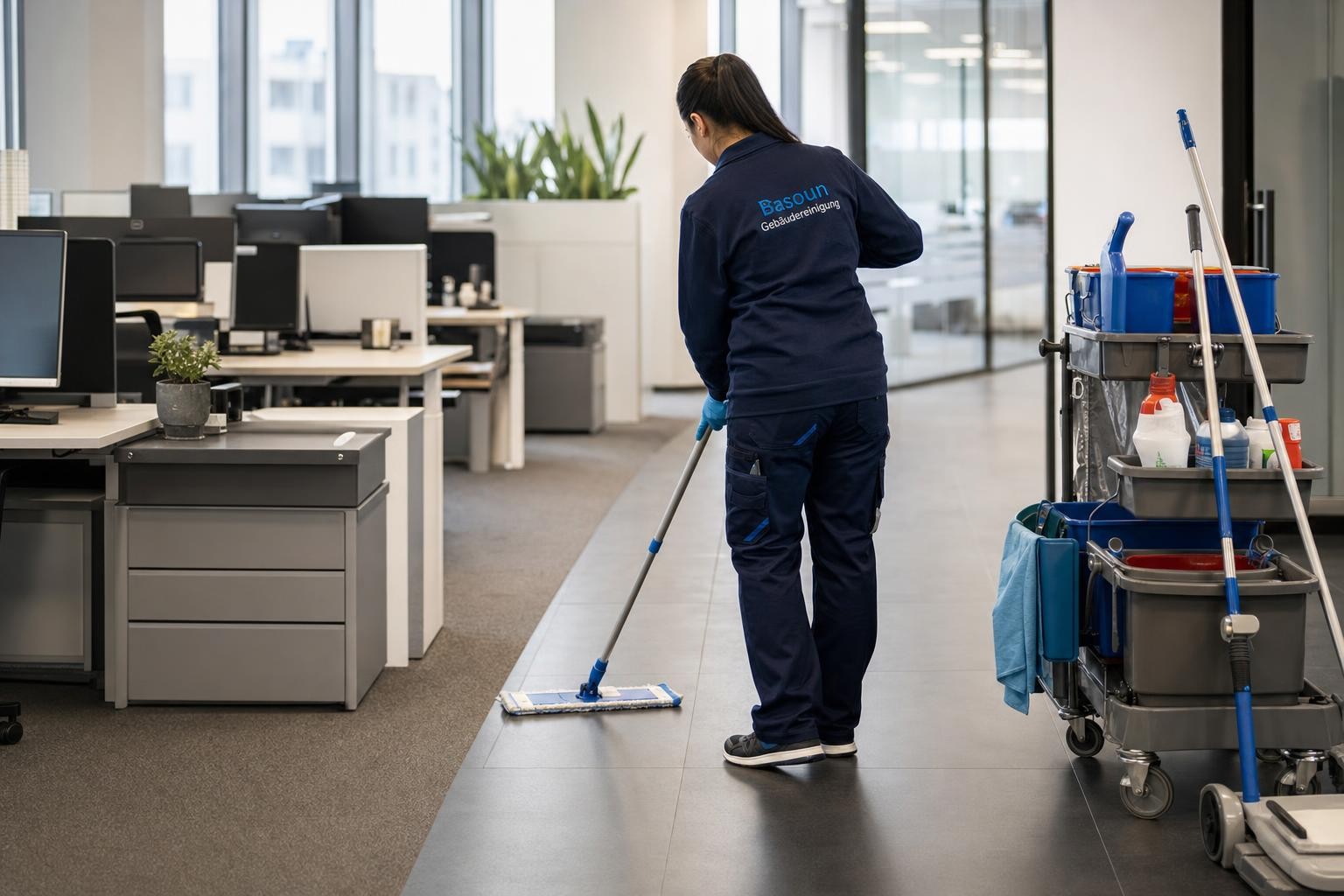 Reinigungskraft bei der regelmäßigen Unterhaltsreinigung eines modernen Büros in Rosenheim